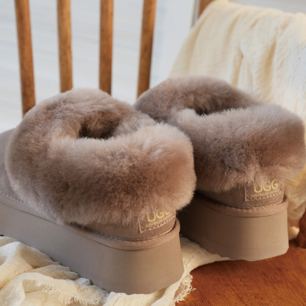 AUSTRALIAN SHEPHERD® UGG Slippers Women Sheepskin Wool Collar Ankle Platform Clarrie AS 2081