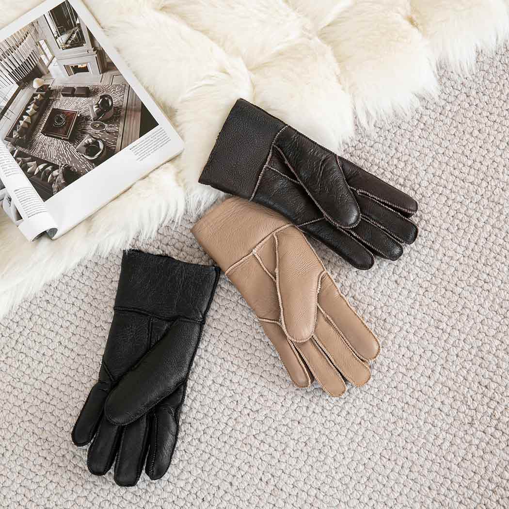 AUSTRALIAN SHEPHERD® Leather Fluffy Sheepskin Wool Stitching Gloves ASA 014