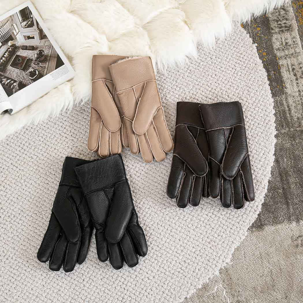 AUSTRALIAN SHEPHERD® Leather Fluffy Sheepskin Wool Stitching Gloves ASA 014