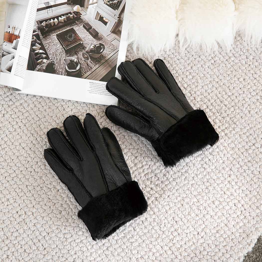 AUSTRALIAN SHEPHERD® Leather Fluffy Sheepskin Wool Stitching Gloves ASA 014