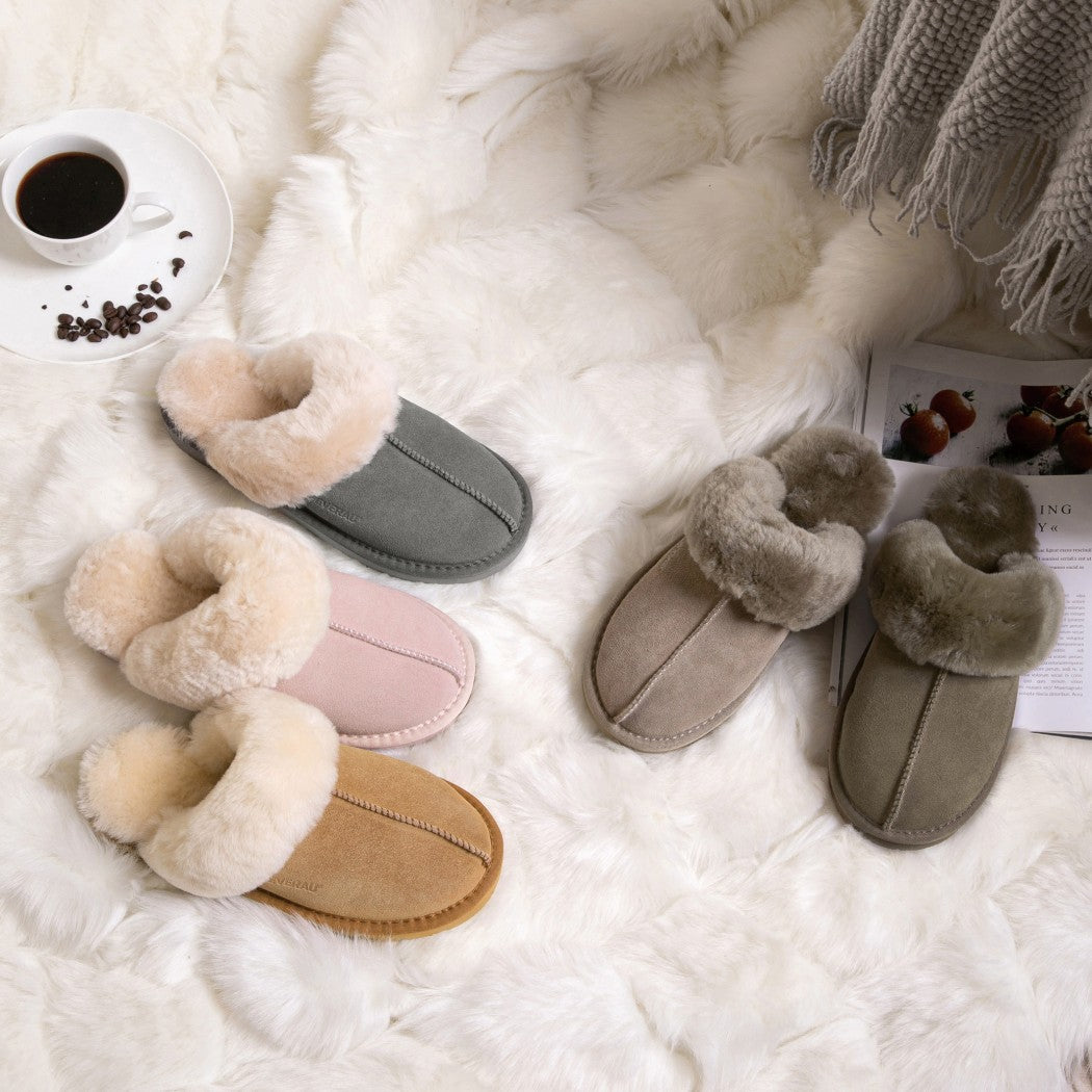 EVERAU® UGG Slippers Sheepskin Wool Suede Scuff Muffin EA 2024