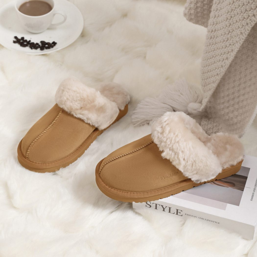 EVERAU® UGG Slippers Sheepskin Wool Suede Scuff Muffin EA 2024