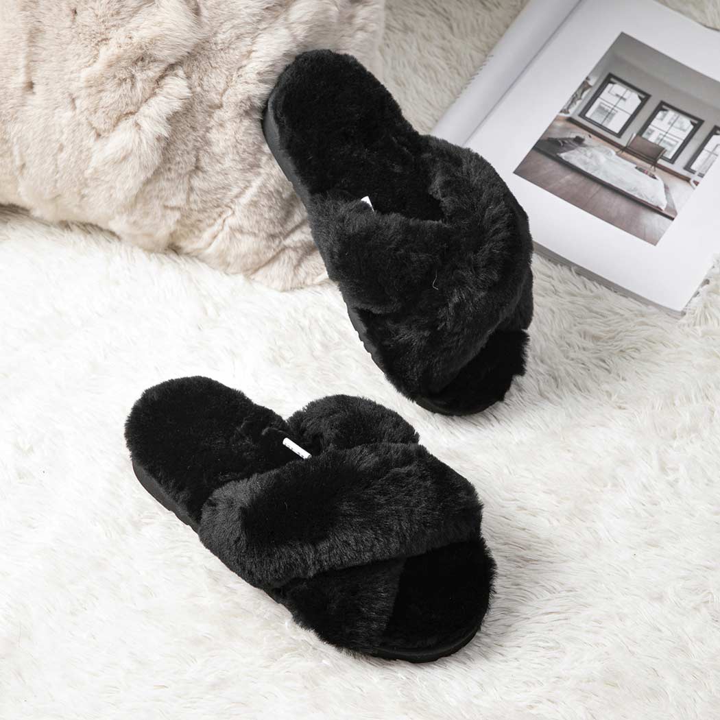 EVERAU® UGG Women Crossover Fluffy Slides Leanna EA 2047