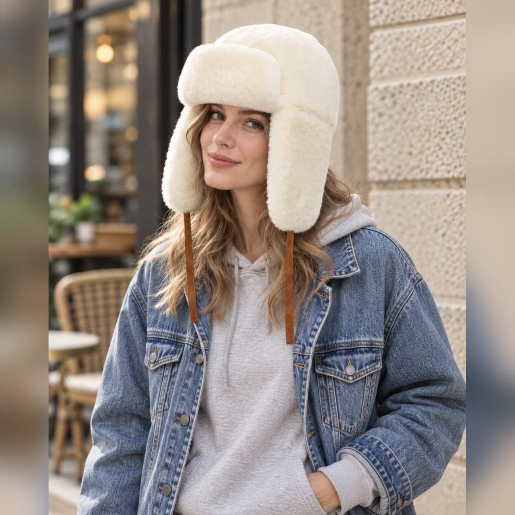 OZWEAR UGG Alpine 100% Wool Shearling Trapper Hat – Ivory CS 094