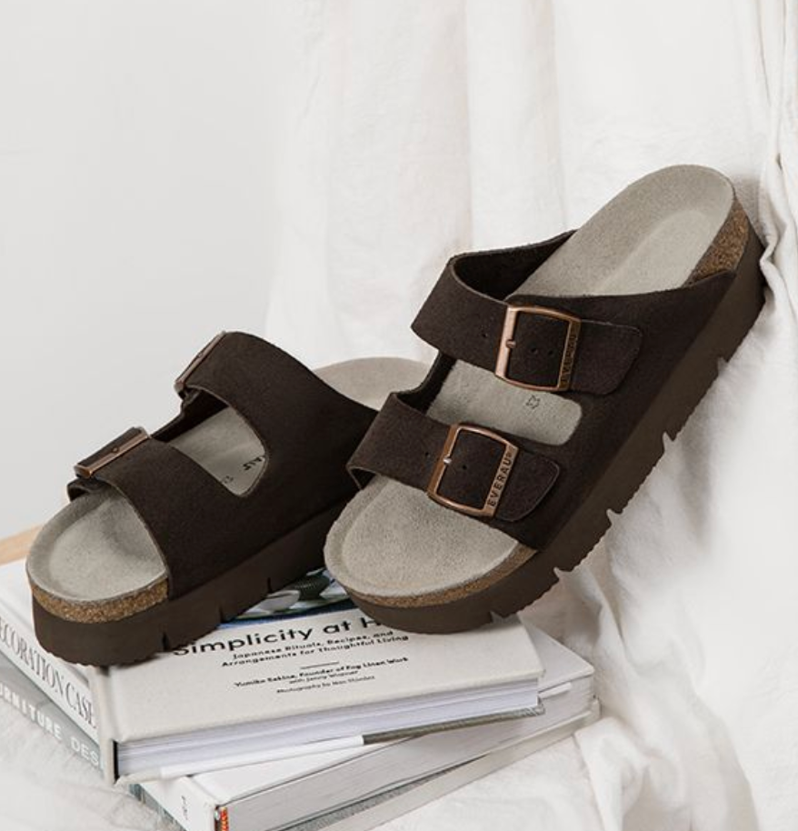 EVERAU® Adjustable Strap Embossed Slip-on Platform Summer Sandal Slides EA 7056 in Chocolate featuring adjustable double buckle straps and a cork platform footbed.