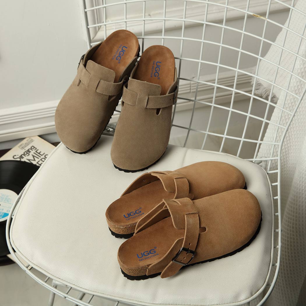 Sandra cow suede soft footbed buckle mule slippers DK 1643 in Chestnut