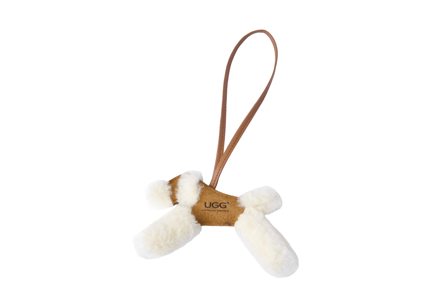 Leather strap detail of Snowlo cow suede fluffy wool dog bag charm keyring ASZ 048