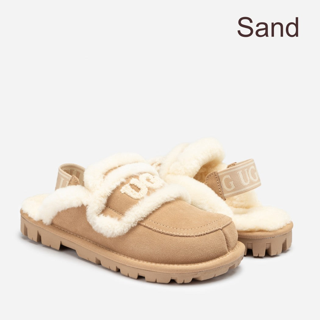 Violet cow suede sheepskin detachable strap platform slippers OB 938D in Sand