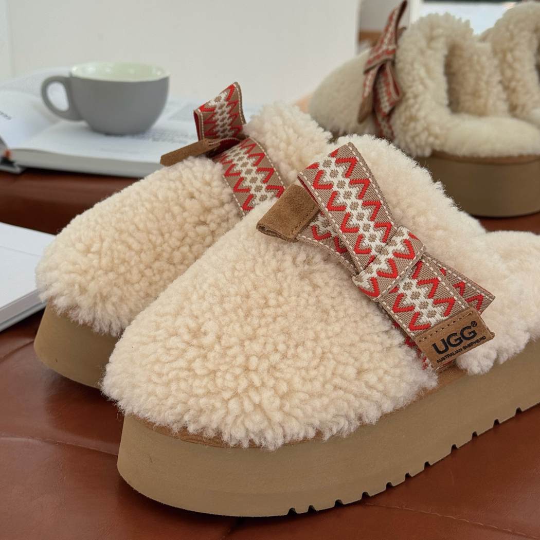 AUSTRALIAN SHEPHERD® UGG Women Sheepskin Wool Bow Platform Slippers Cecil AS 2129