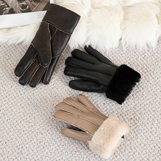 AUSTRALIAN SHEPHERD® Leather Fluffy Sheepskin Wool Stitching Gloves ASA 014