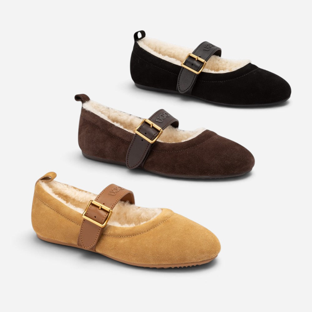 OZWEAR UGG Amelia Mary Jane – Cow Suede Sheepskin-Lined Mary Janes for Women_OB1097