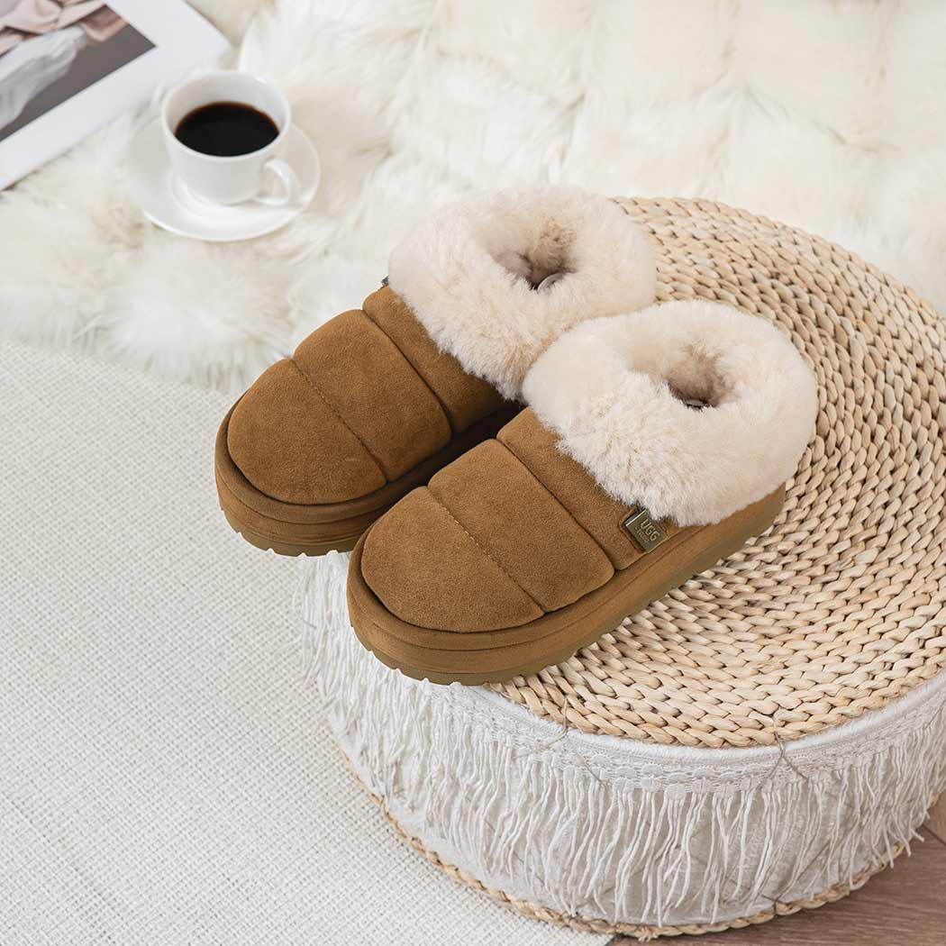 UGG EVERAU® UGG Slippers Women Sheepskin Wool Collar Ankle Platform Ulrika UEA 2002