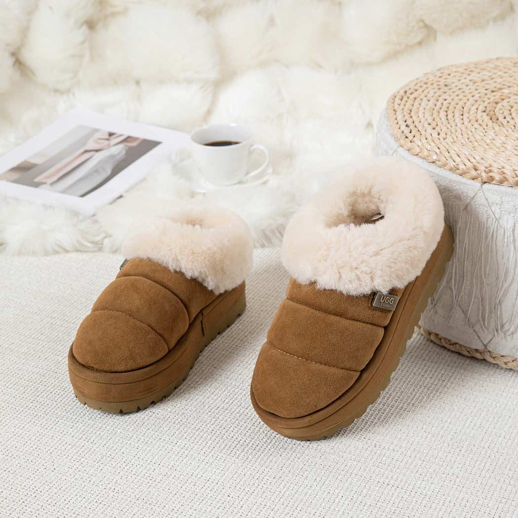 UGG EVERAU® UGG Slippers Women Sheepskin Wool Collar Ankle Platform Ulrika UEA 2002