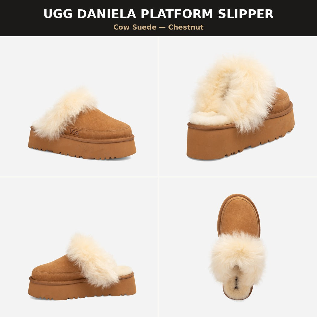 UGG DANIELA PREMIUM PLATFORM SLIPPER (ELASTIC LOGO & WOOL STRAP) OB 1059