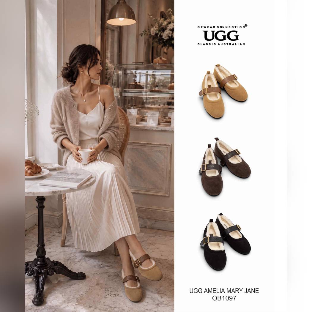 OZWEAR UGG Amelia Mary Jane – Cow Suede Sheepskin-Lined Mary Janes for Women_OB1097