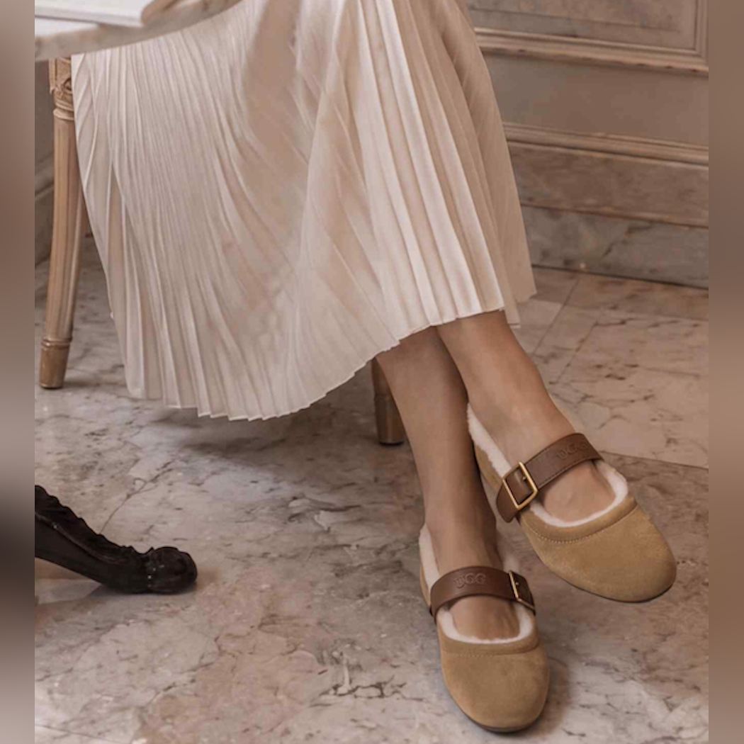 OZWEAR UGG Amelia Mary Jane – Cow Suede Sheepskin-Lined Mary Janes for Women_OB1097