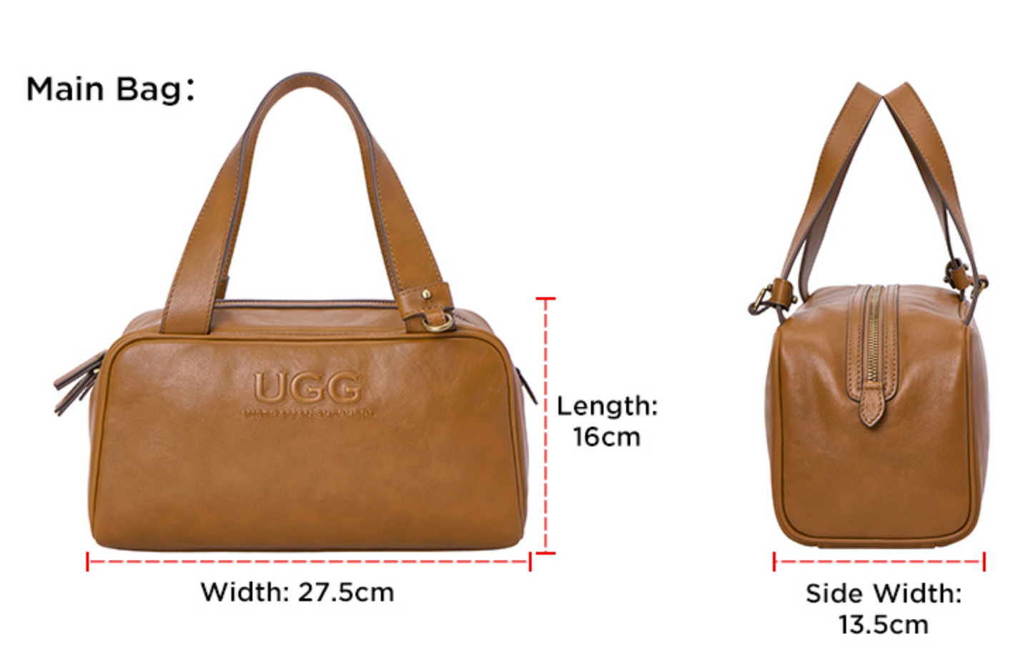 Size chart for AUSTRALIAN SHEPHERD® Dunelight Leather Barrel Crossbody Bag ASA 065 with product dimensions and specifications.