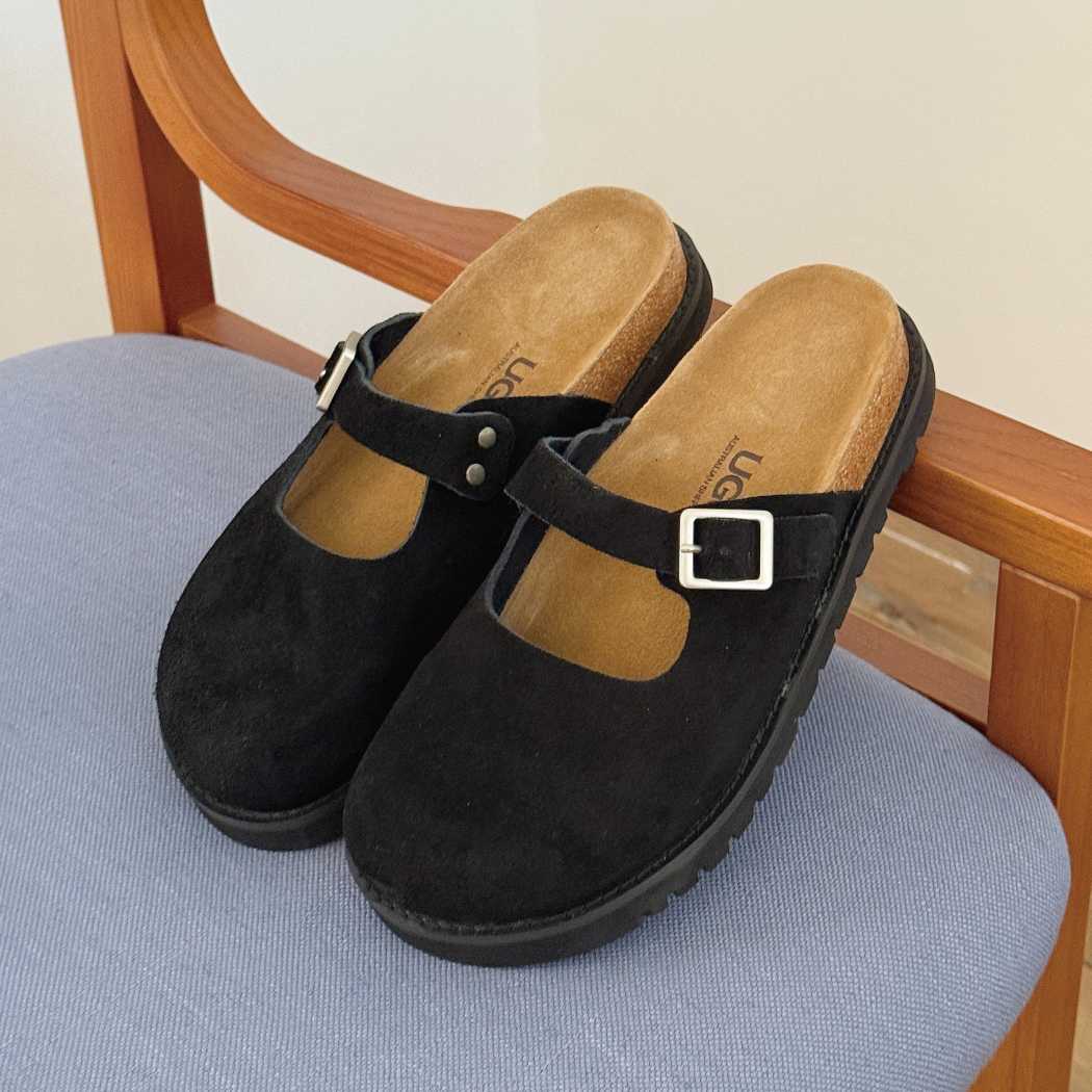Side view of AUSTRALIAN SHEPHERD Mary Jane Style Leather Slides Brikon AS 7045 in Black with adjustable buckle and premium leather upper.