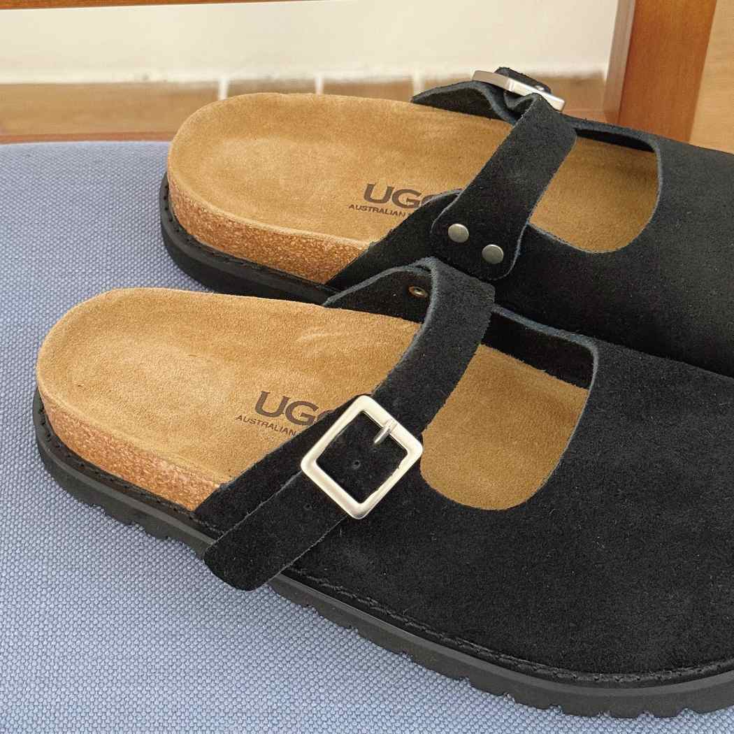 Top view of AUSTRALIAN SHEPHERD Mary Jane Style Leather Slides Brikon AS 7045 in Black with a cushioned leather footbed.
