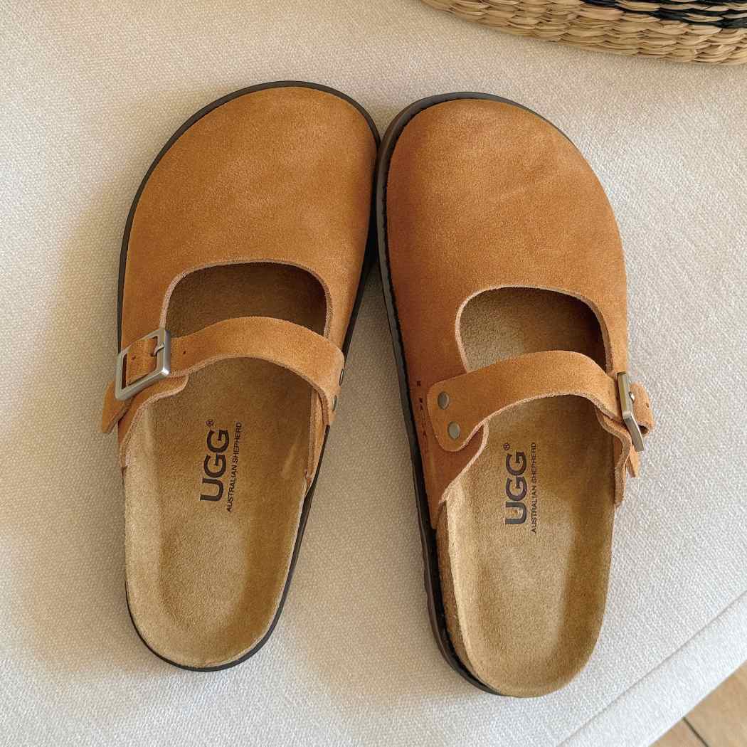 Top view of AUSTRALIAN SHEPHERD Mary Jane Style Leather Slides Brikon AS 7045 in Chestnut featuring premium cow leather and an adjustable strap.
