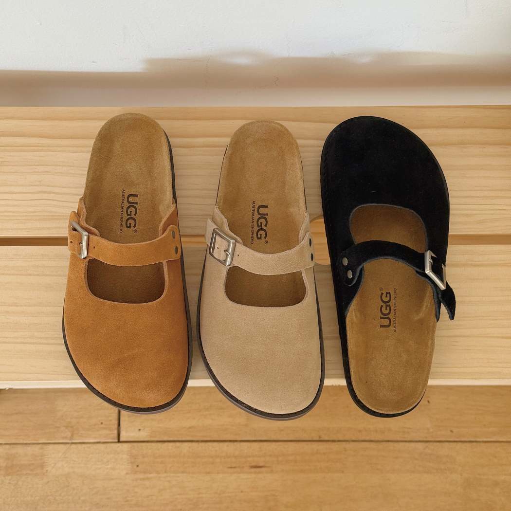 AUSTRALIAN SHEPHERD Mary Jane Style Leather Slides Brikon AS 7045 in Black, Chestnut, and Sand featuring premium cow leather and an adjustable buckle strap.