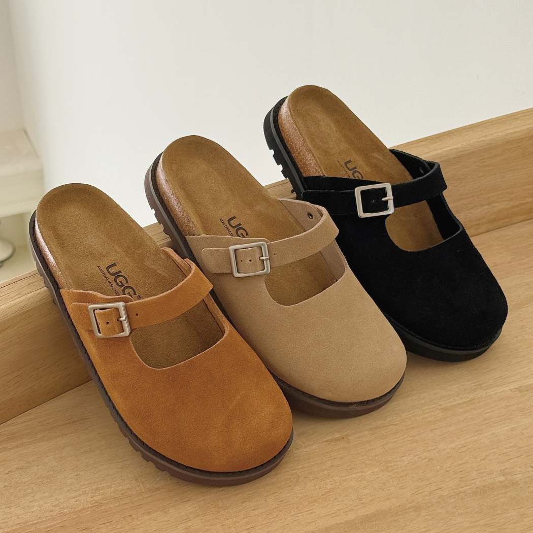 Display of AUSTRALIAN SHEPHERD Mary Jane Style Leather Slides Brikon AS 7045 in three colour options with adjustable buckle straps.