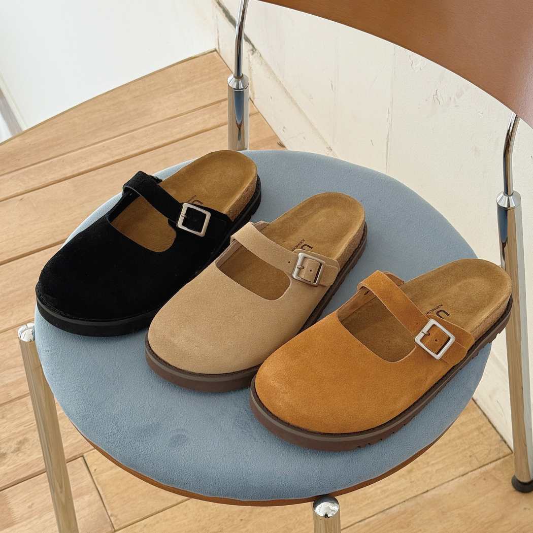 Lifestyle view of AUSTRALIAN SHEPHERD Mary Jane Style Leather Slides Brikon AS 7045 featuring Black, Chestnut, and Sand colourways.