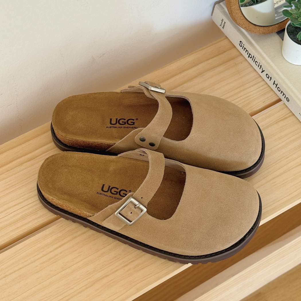 Angled view of AUSTRALIAN SHEPHERD Mary Jane Style Leather Slides Brikon AS 7045 in Sand with an adjustable buckle and slip-on comfort.