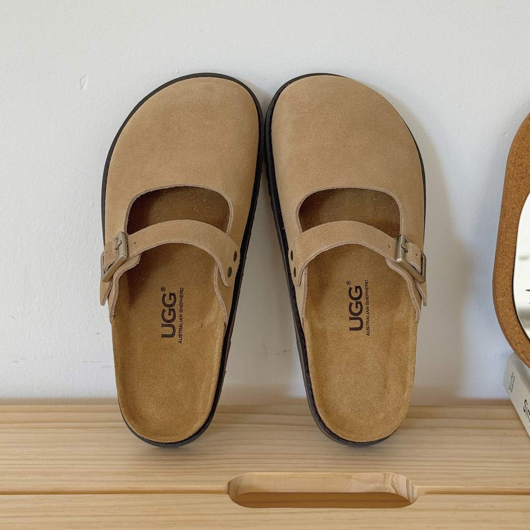 Front view of AUSTRALIAN SHEPHERD Mary Jane Style Leather Slides Brikon AS 7045 in Sand with premium leather construction.