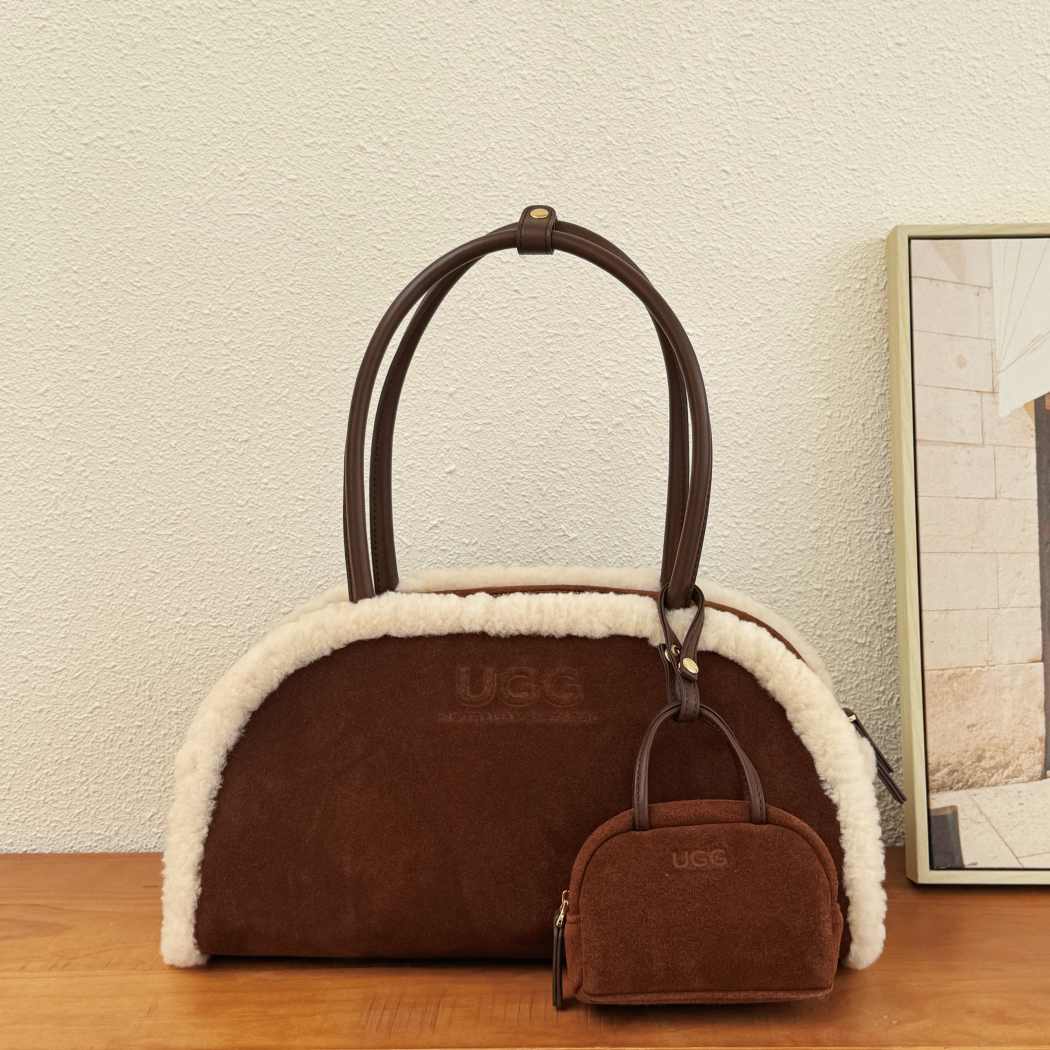 AUSTRALIAN SHEPHERD® Snowbelle Wool & Leather Barrel Handbag ASA 064 in Chocolate featuring premium wool, genuine leather, and a stylish barrel design.