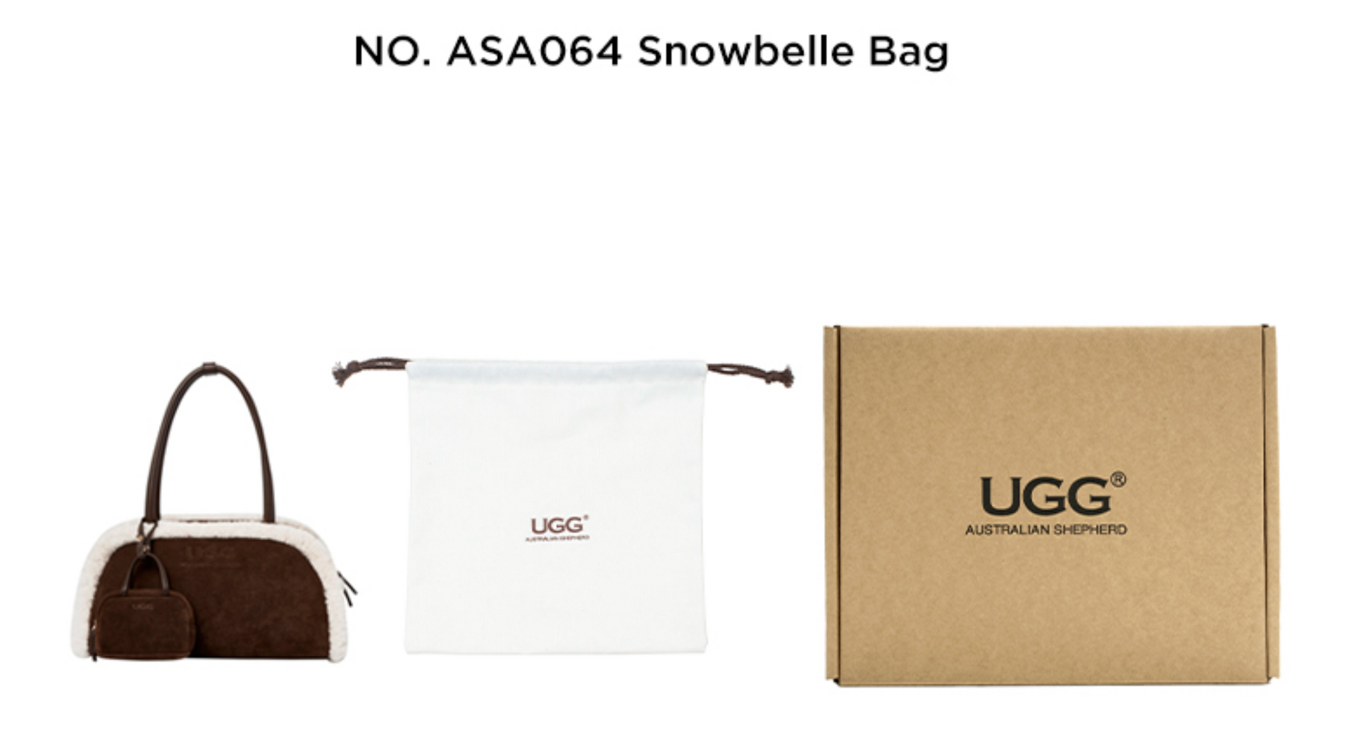 Package contents of AUSTRALIAN SHEPHERD® Snowbelle Wool & Leather Barrel Handbag ASA 064 including handbag, mini pouch, and branded gift box.