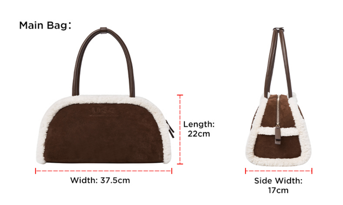 Product dimensions and measurement guide for AUSTRALIAN SHEPHERD® Snowbelle Wool & Leather Barrel Handbag ASA 064, showing the handbag and matching mini pouch sizes.