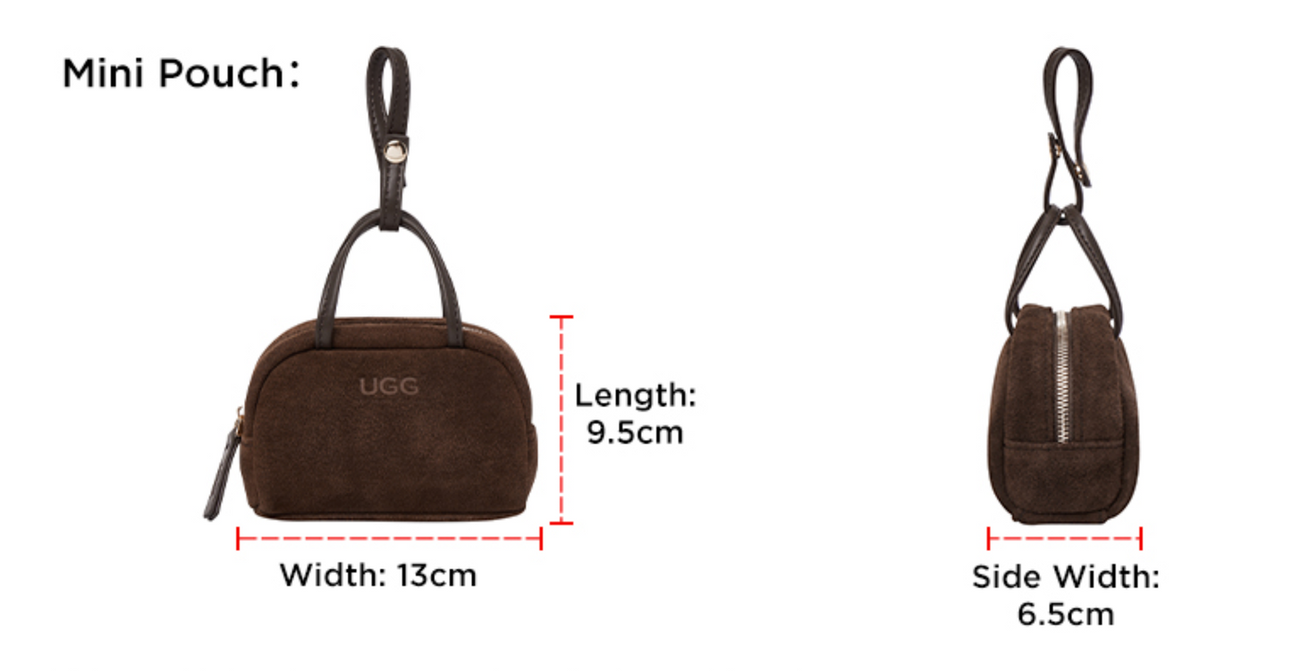 Size chart for AUSTRALIAN SHEPHERD® Snowbelle Wool & Leather Barrel Handbag ASA 064 with product dimensions and specifications.