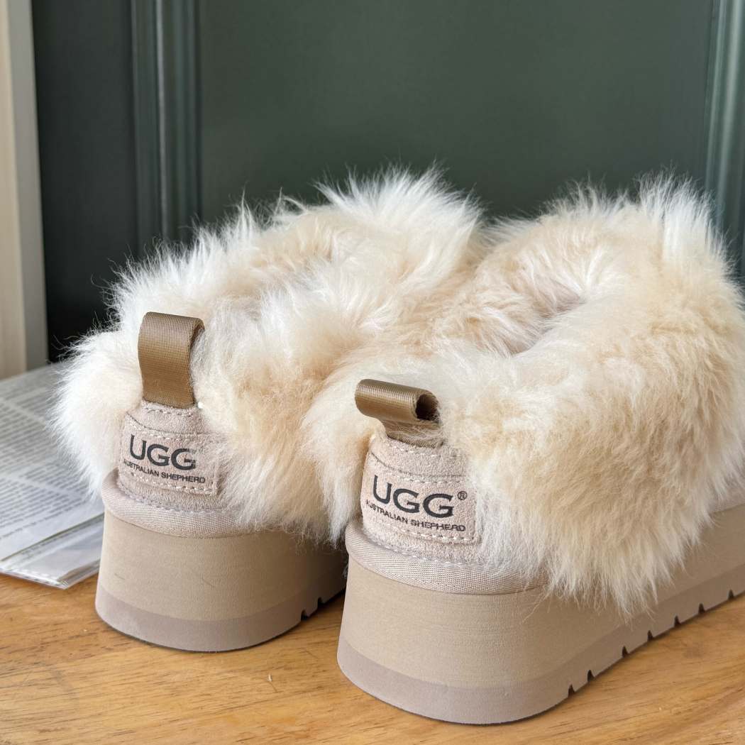 Rear view of AUSTRALIAN SHEPHERD® UGG Ankle Platform Slippers Sheepskin Wool Collar Mianee AS 2134 highlighting the plush sheepskin wool collar and sturdy platform sole.