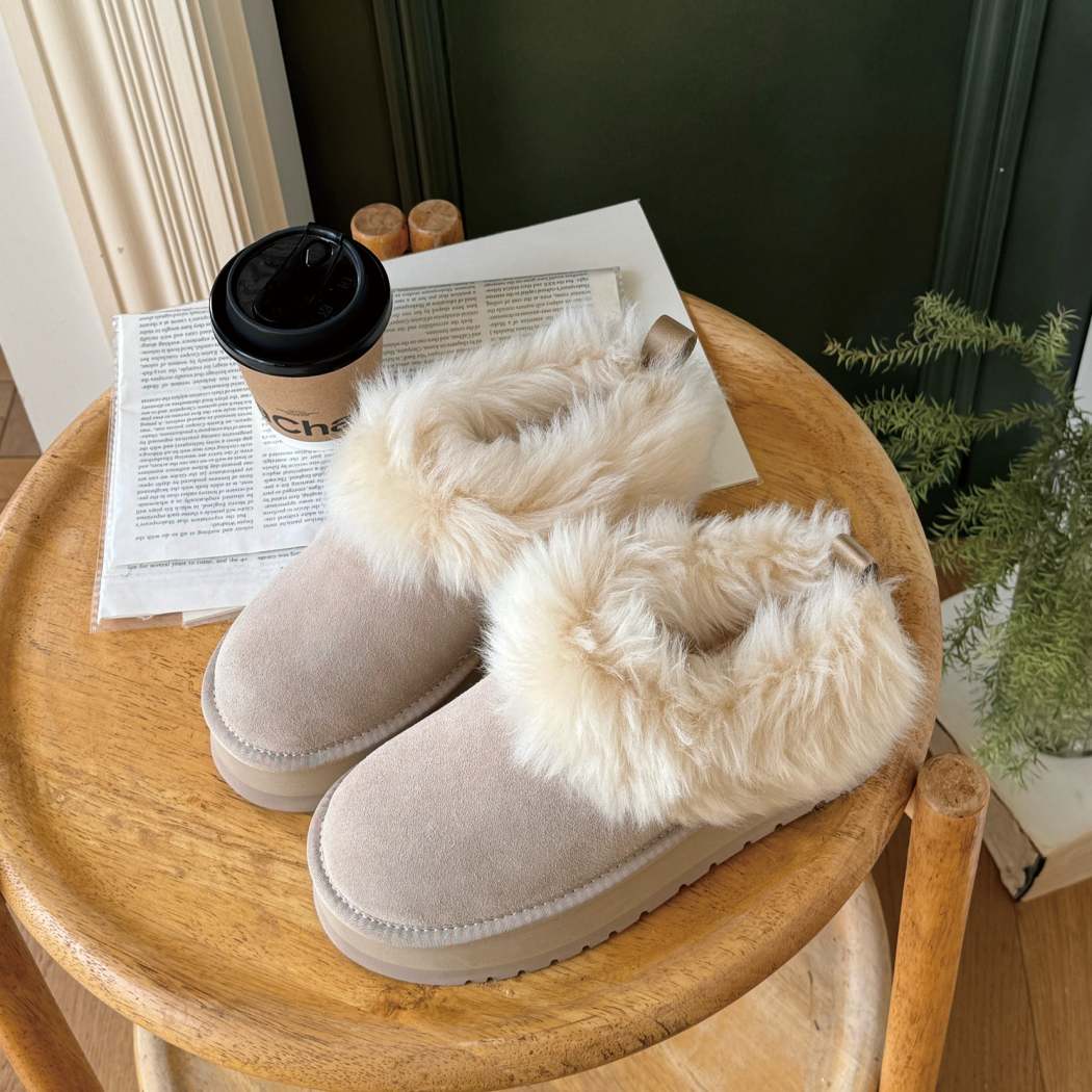AUSTRALIAN SHEPHERD® UGG Ankle Platform Slippers Sheepskin Wool Collar Mianee AS 2134 in Sand featuring premium cow suede, plush Australian sheepskin wool, and a lightweight platform sole.