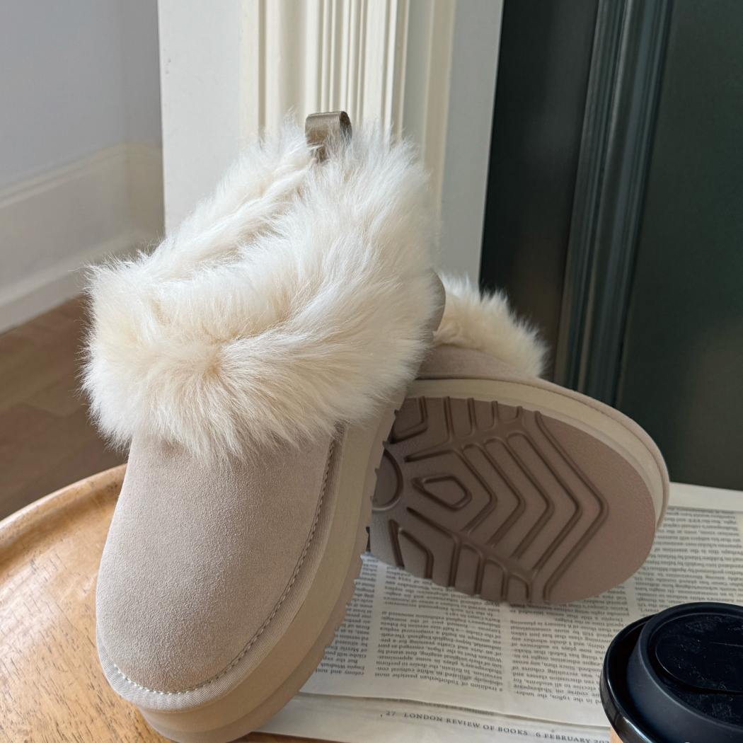Angled side view of AUSTRALIAN SHEPHERD® UGG Ankle Platform Slippers Sheepskin Wool Collar Mianee AS 2134 in Sand featuring premium cow suede and a lightweight EVA platform sole.
