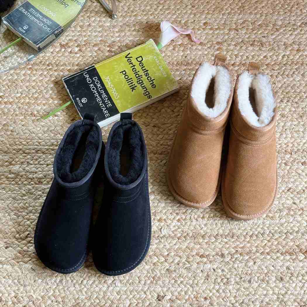 Pair of AUSTRALIAN SHEPHERD® UGG Boots Sheepskin Wool Ankle Chorin AS 3093 showcasing Black and Chestnut colour options with classic mini ankle boot styling.