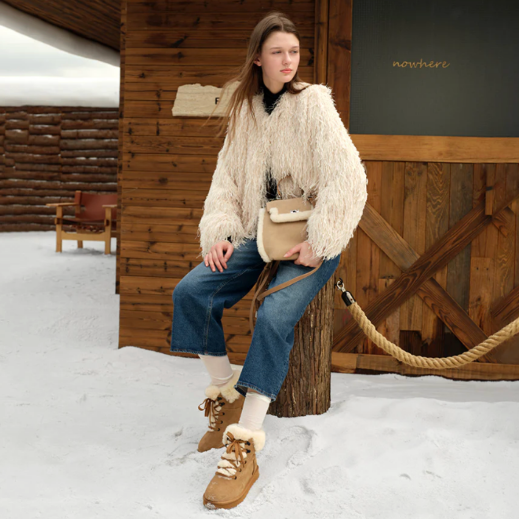 AUSTRALIAN SHEPHERD UGG Boots Sheepskin Wool Collar Lace Up Trego AS 3110 in Chestnut styled with winter fashion, featuring premium suede, plush sheepskin wool, and colourful lace-up detailing.