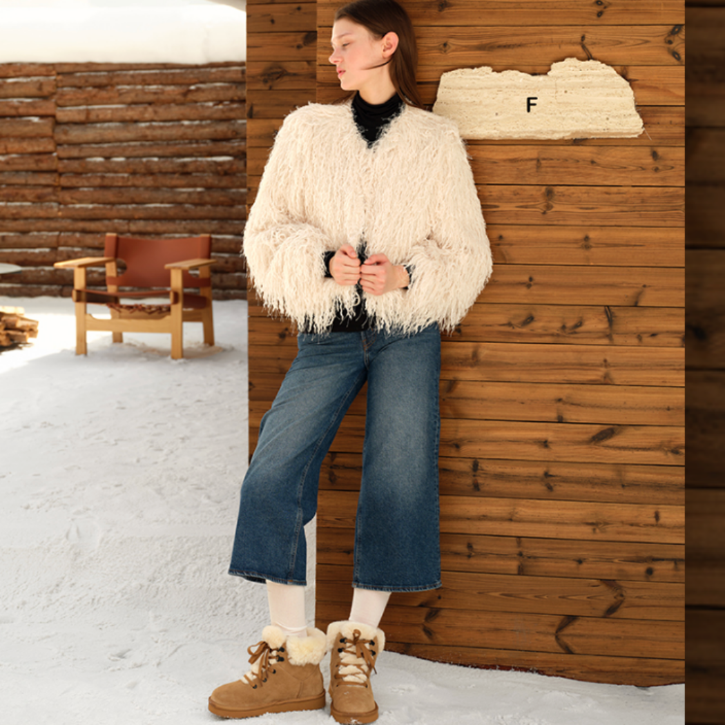Lifestyle view of AUSTRALIAN SHEPHERD UGG Boots Sheepskin Wool Collar Lace Up Trego AS 3110 showcasing the lace-up design and cosy sheepskin wool collar.