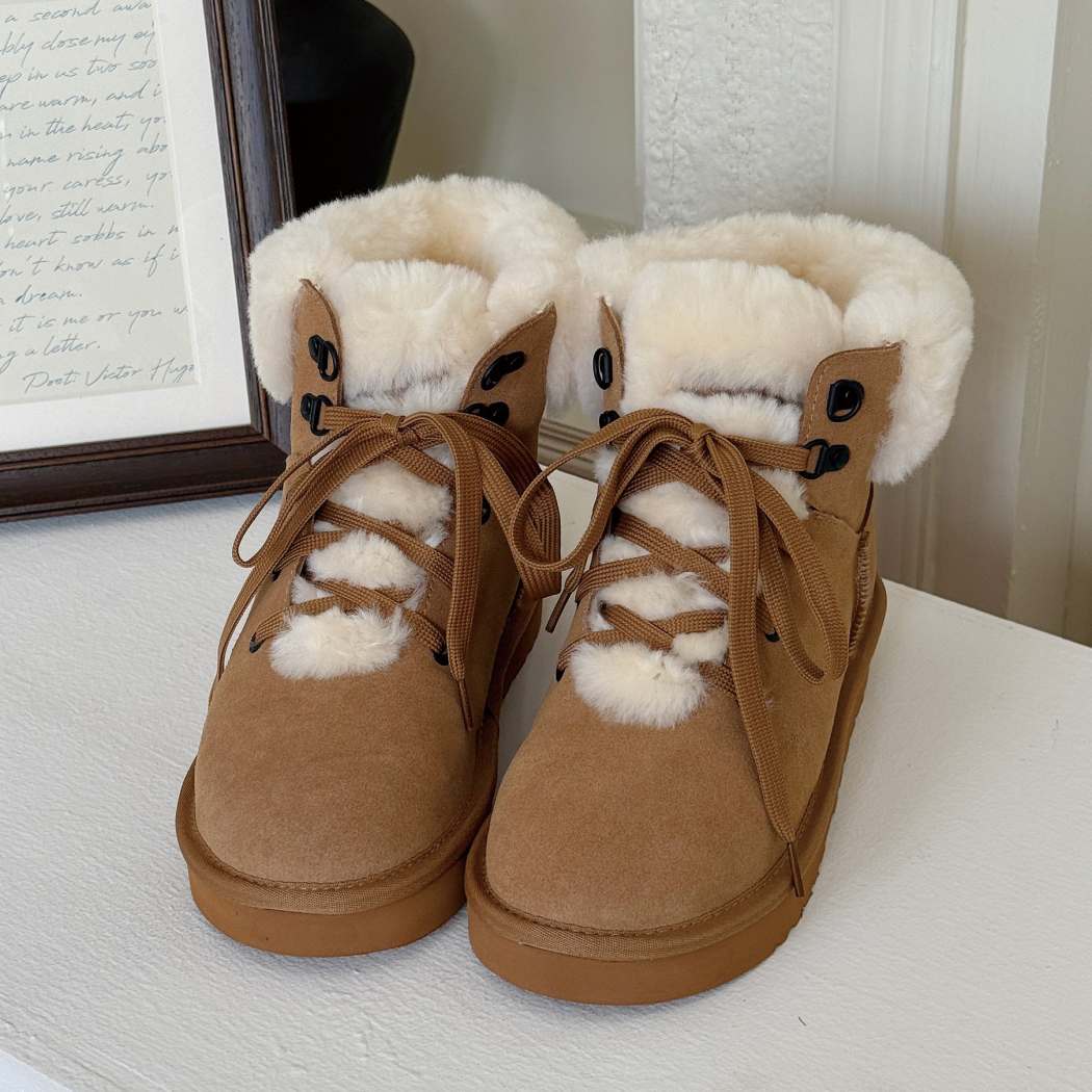 Pair of AUSTRALIAN SHEPHERD UGG Boots Sheepskin Wool Collar Lace Up Trego AS 3110 with plush wool collar and lace-up ankle boot design.