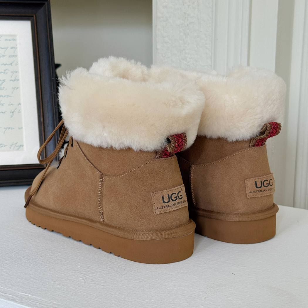 Rear angle of AUSTRALIAN SHEPHERD UGG Boots Sheepskin Wool Collar Lace Up Trego AS 3110 highlighting the premium suede finish and comfortable ankle height.