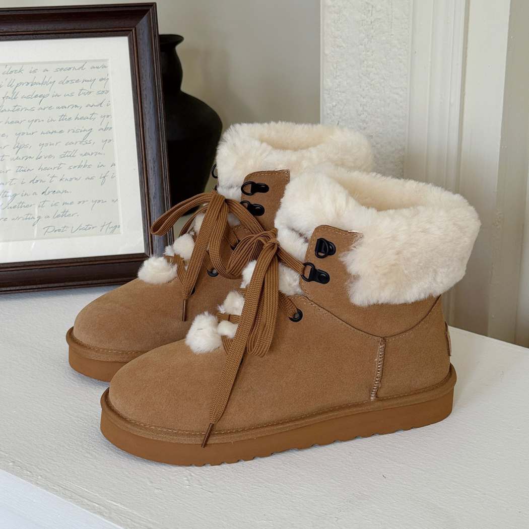 Side view of AUSTRALIAN SHEPHERD UGG Boots Sheepskin Wool Collar Lace Up Trego AS 3110 in Chestnut with premium suede upper and Australian sheepskin wool lining.