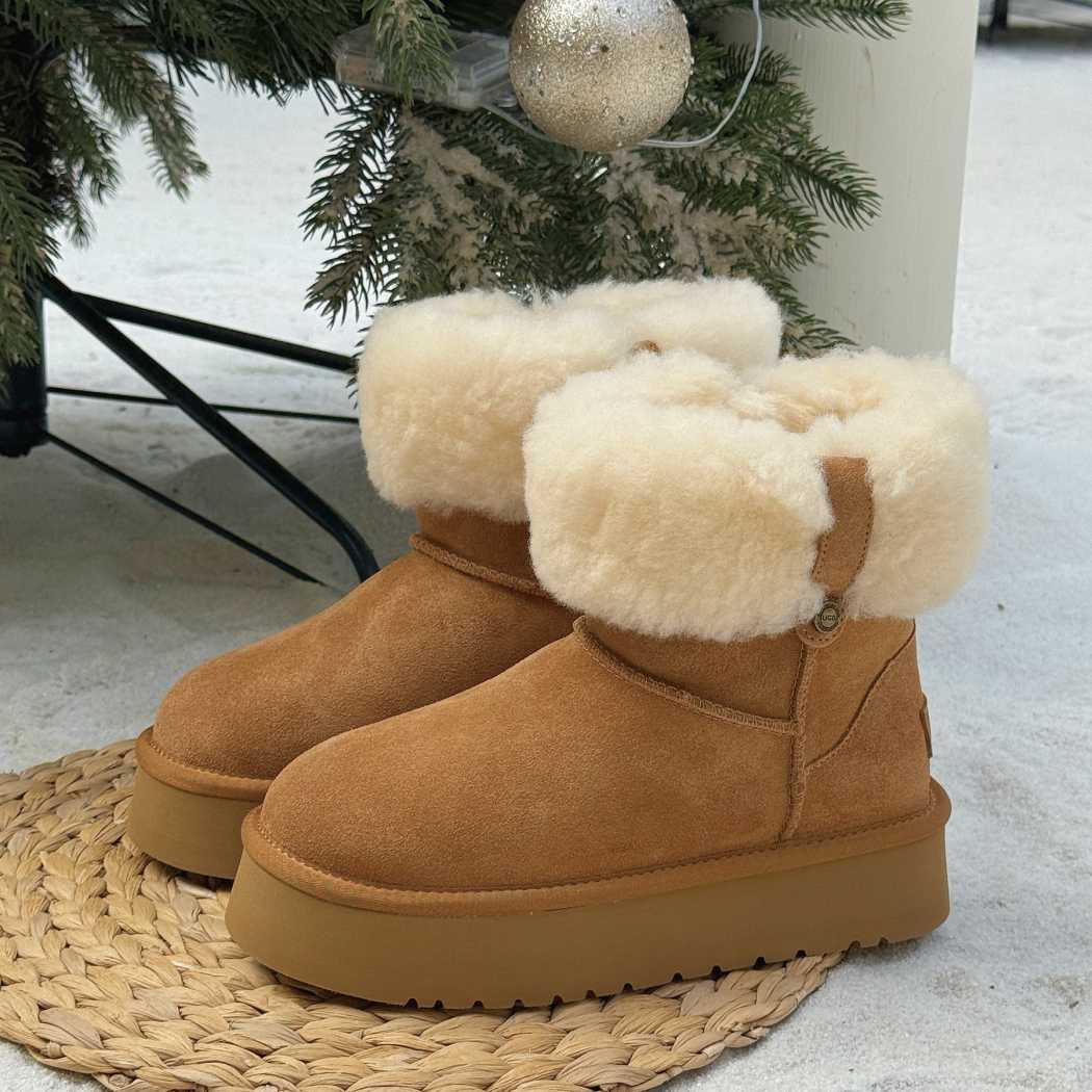 Rear angled view of AUSTRALIAN SHEPHERD® UGG Boots Sheepskin Wool Mini Platform Eleny AS 3154 showcasing the plush sheepskin wool collar and chunky platform outsole.
