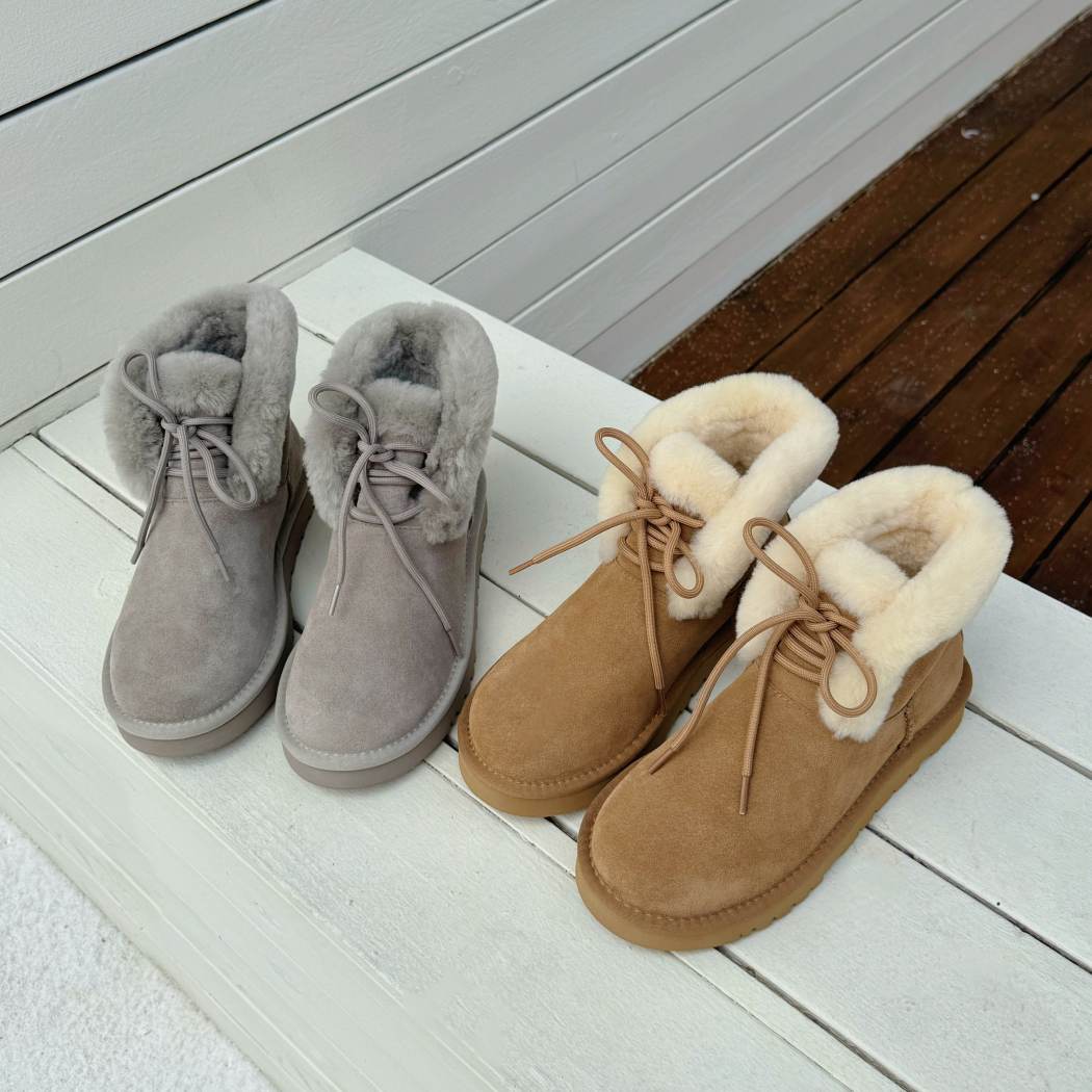 Colour options of AUSTRALIAN SHEPHERD® UGG Boots Women Sheepskin Wool Lace Up Dreva AS 3120 in Pebble Grey and Chestnut.