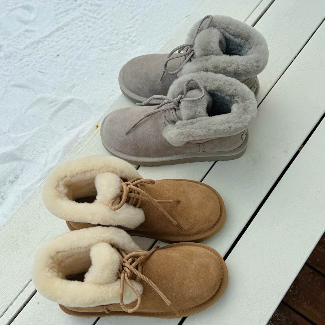 Pair of AUSTRALIAN SHEPHERD® UGG Boots Women Sheepskin Wool Lace Up Dreva AS 3120 in Pebble Grey featuring premium suede and Australian sheepskin wool.