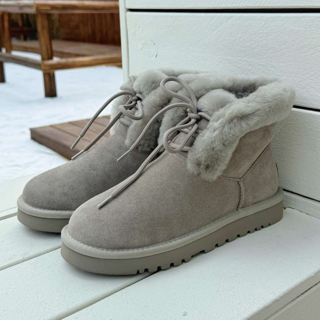 Side view of AUSTRALIAN SHEPHERD® UGG Boots Women Sheepskin Wool Lace Up Dreva AS 3120 in Pebble Grey with premium suede upper and plush sheepskin wool lining.