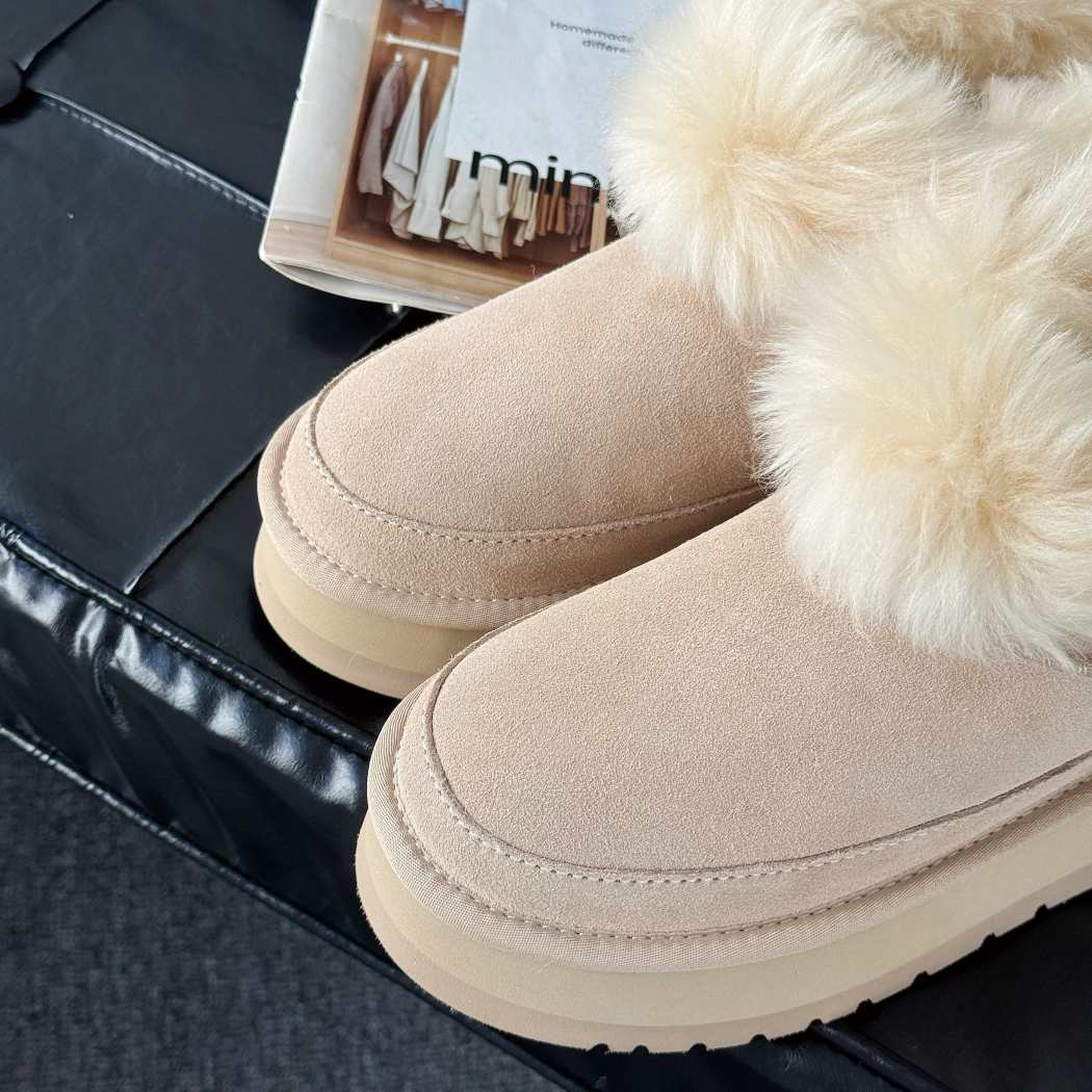Close-up side view of AUSTRALIAN SHEPHERD® UGG Boots Women Sheepskin Wool Trim Ankle Platform Frovia AS 3147 showcasing the luxurious sheepskin wool trim, premium suede upper, and chunky EVA platform sole.
