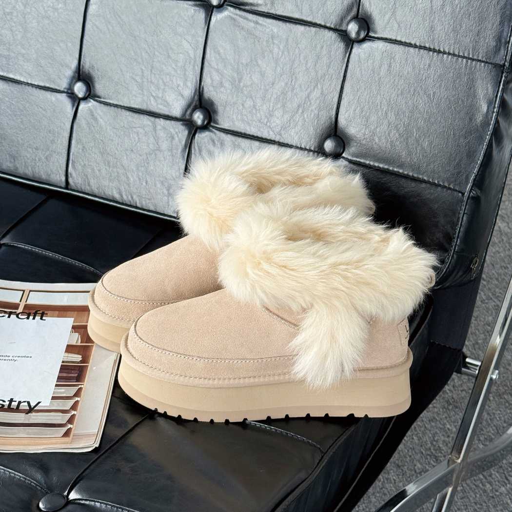 AUSTRALIAN SHEPHERD® UGG Boots Women Sheepskin Wool Trim Ankle Platform Frovia AS 3147 in Sand featuring premium cow suede, plush sheepskin wool trim, and a chunky platform sole.