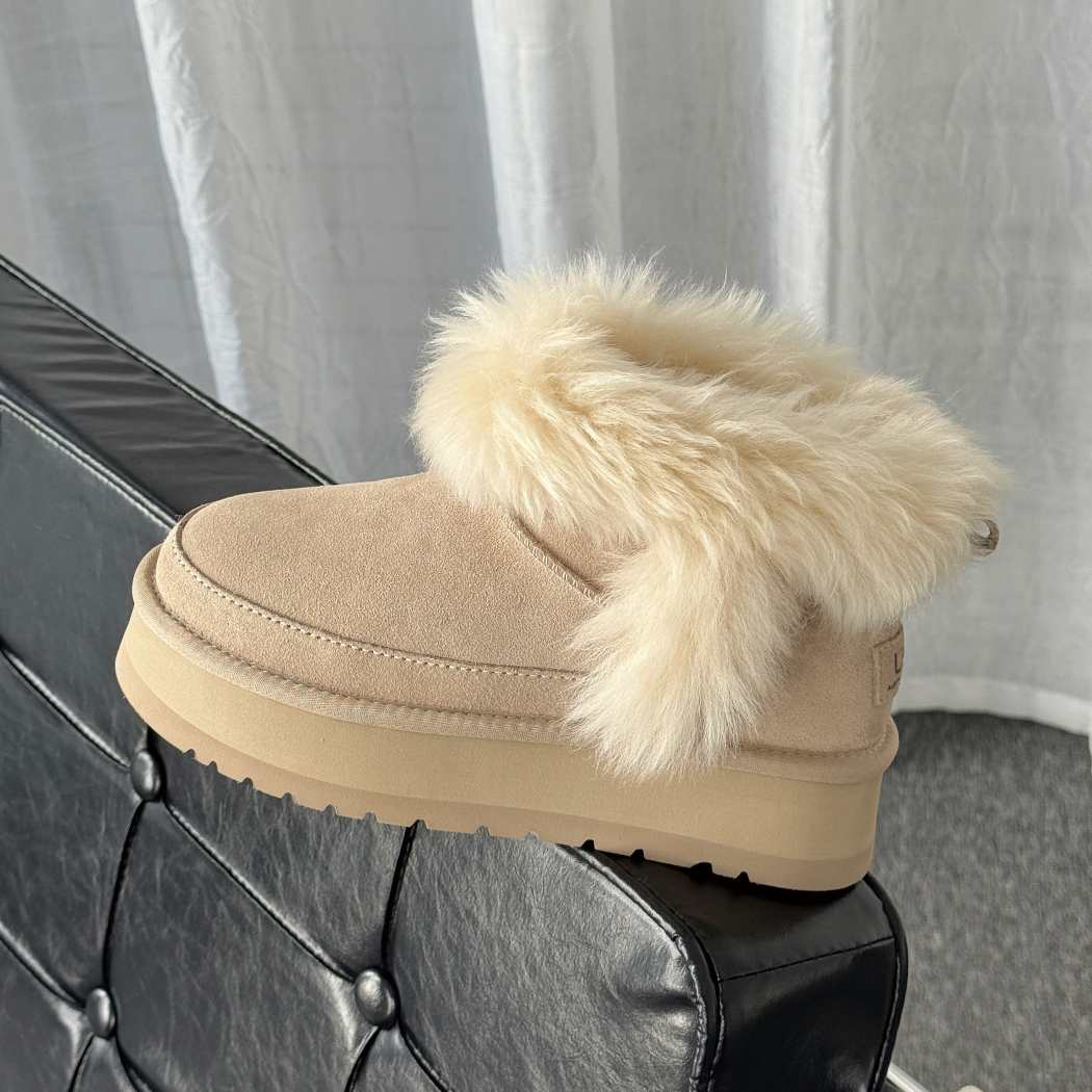 Side view of AUSTRALIAN SHEPHERD® UGG Boots Women Sheepskin Wool Trim Ankle Platform Frovia AS 3147 in Sand featuring premium cow suede, warm sheepskin wool trim, and a lightweight platform sole.