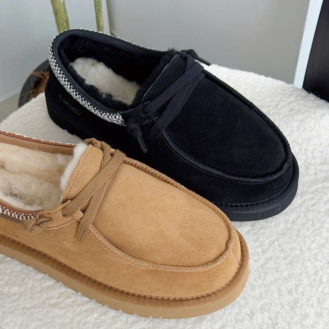 Side view of AUSTRALIAN SHEPHERD UGG Marek Sheepskin Wool Lace-Up Slippers AS 7055 in Chestnut with genuine Australian sheepskin wool lining.